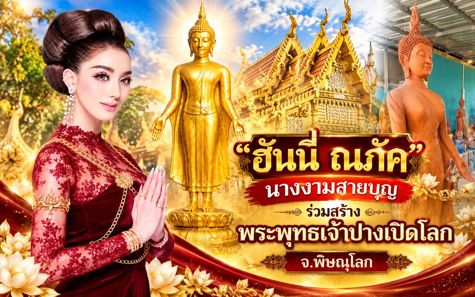 “ฮันนี่ ณภัค” ร่วมสร้างมหากุศล เททองหล่อ “พระพุทธเจ้าปางเปิดโลก” สูง 1.9 เมตร ประดิษฐานวิหารทองคำ จ.พิษณุโลก