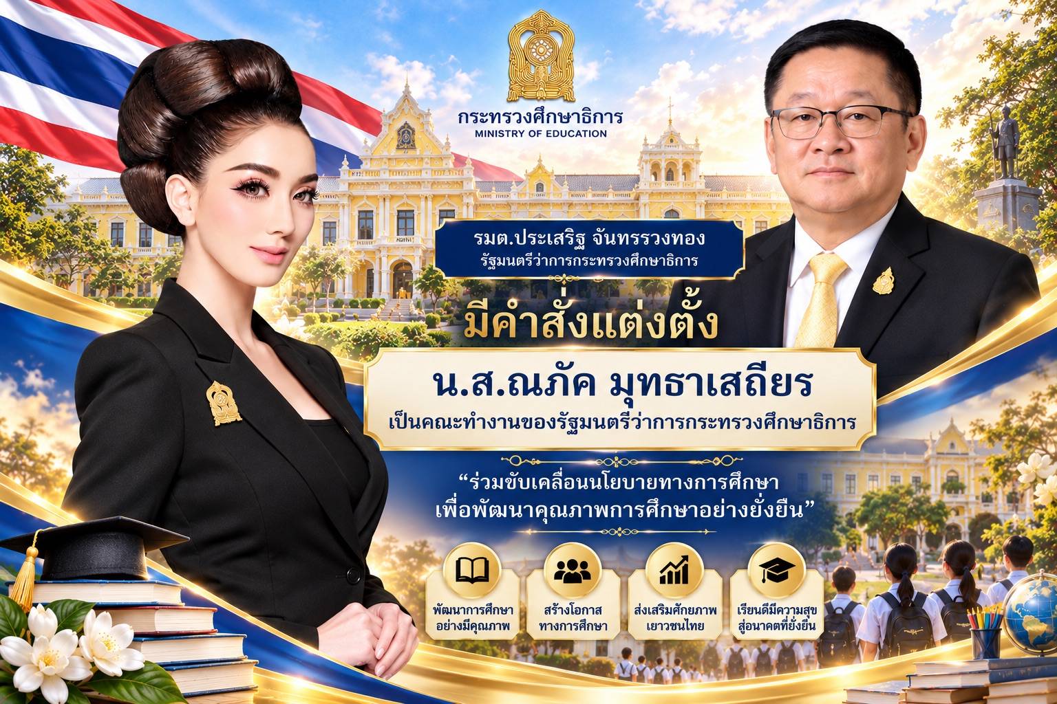 “ฮันนี่–ณภัค มุทธาเสถียร” รับบทบาทใหม่คณะทำงานกระทรวงศึกษาธิการ มุ่งสร้างโอกาสเด็กไทย ชูการศึกษาเป็นรากฐานพัฒนาประเทศ